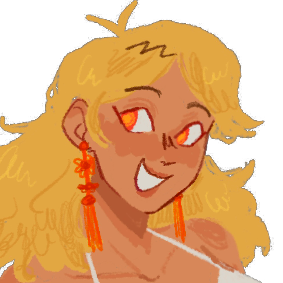 Icon drawing of a smiling young woman with long wavy blond hair, bright orange eyes, tan skin, and orange dangly earrings.